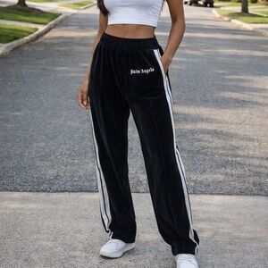White Stripe Palm Angels Black Velour Track Pants (Large)